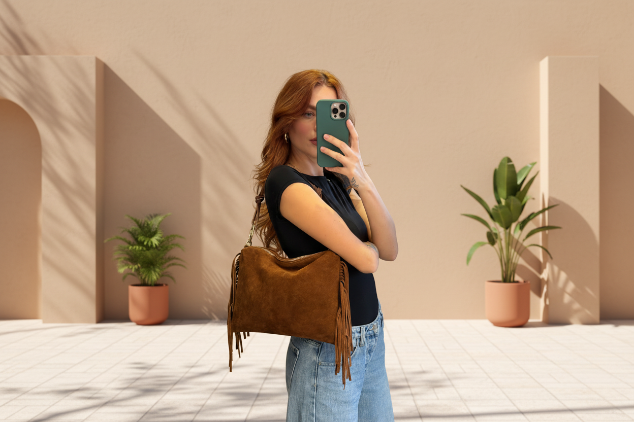 Borsa In Camoscio Con Frange Con Tracolla Lung. Cm 35 Alt Cm 27 - Divisione Chickster's cod. M3583 main:sha1=6068cafe90ccd977975241c369fb1d358442bf8e