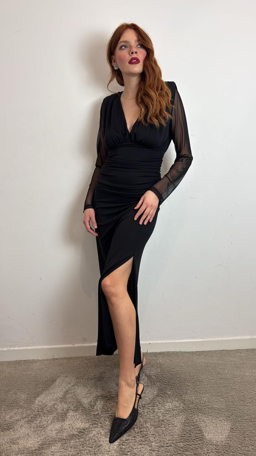 Abito Lungo Scollo A V Maniche Lunghe In Pizzo - Haveone cod. AMI_P055 main:sha1=0737e41a5602bf2ba8b7da41e9af8cc66ecdfcd3