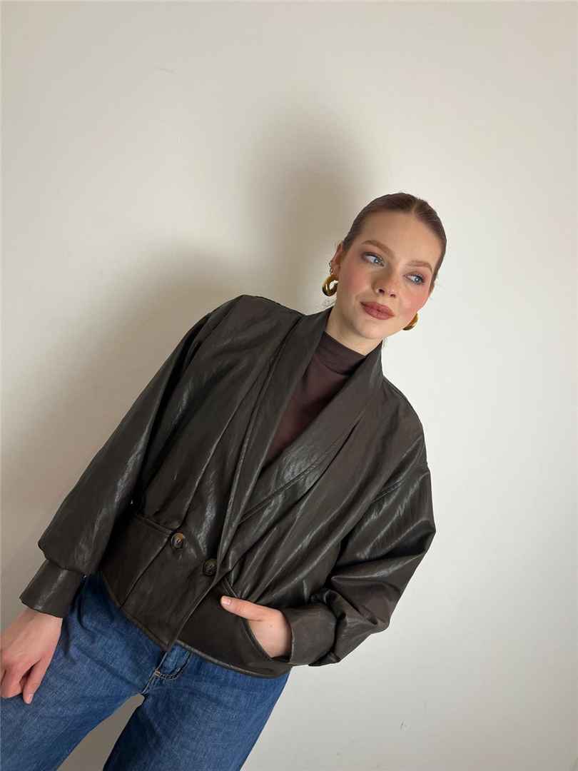 Giacca Vintage Donna Effetto Pelle Marrone - Haveone cod. JVS_Q040 main:sha1=7b9be5184394135650e4d14e37e831867db2951f