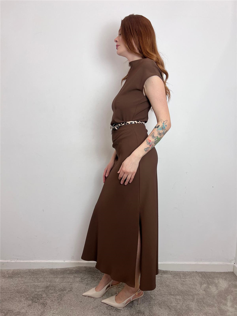 Abito Lungo Scollo Barca Cintura Animalier - Imperial cod. AGAPLHX main:sha1=014651e97e9d39761a9694a485548b23f352733d