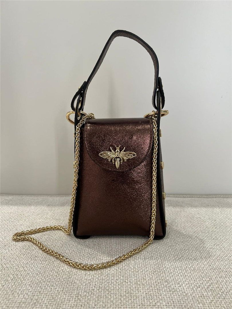 Borsa Laminata Piccola Con Apina E Tracollina Dorata - Divisione Chickster's cod. M3514  color:testa di moro