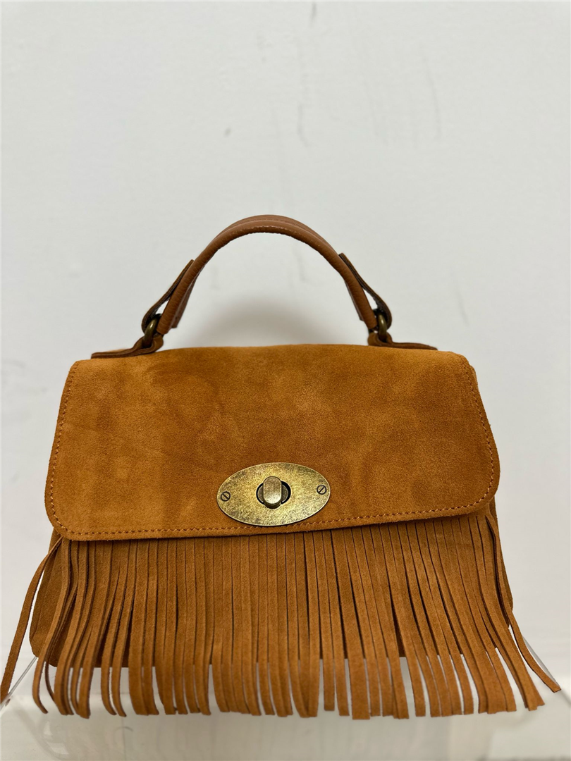 Borsa Scamosciata Con Frange E Tracolla Lung. Cm 27 Alt. 16 - Divisione Chickster's cod. M3526  color:testa di  moro