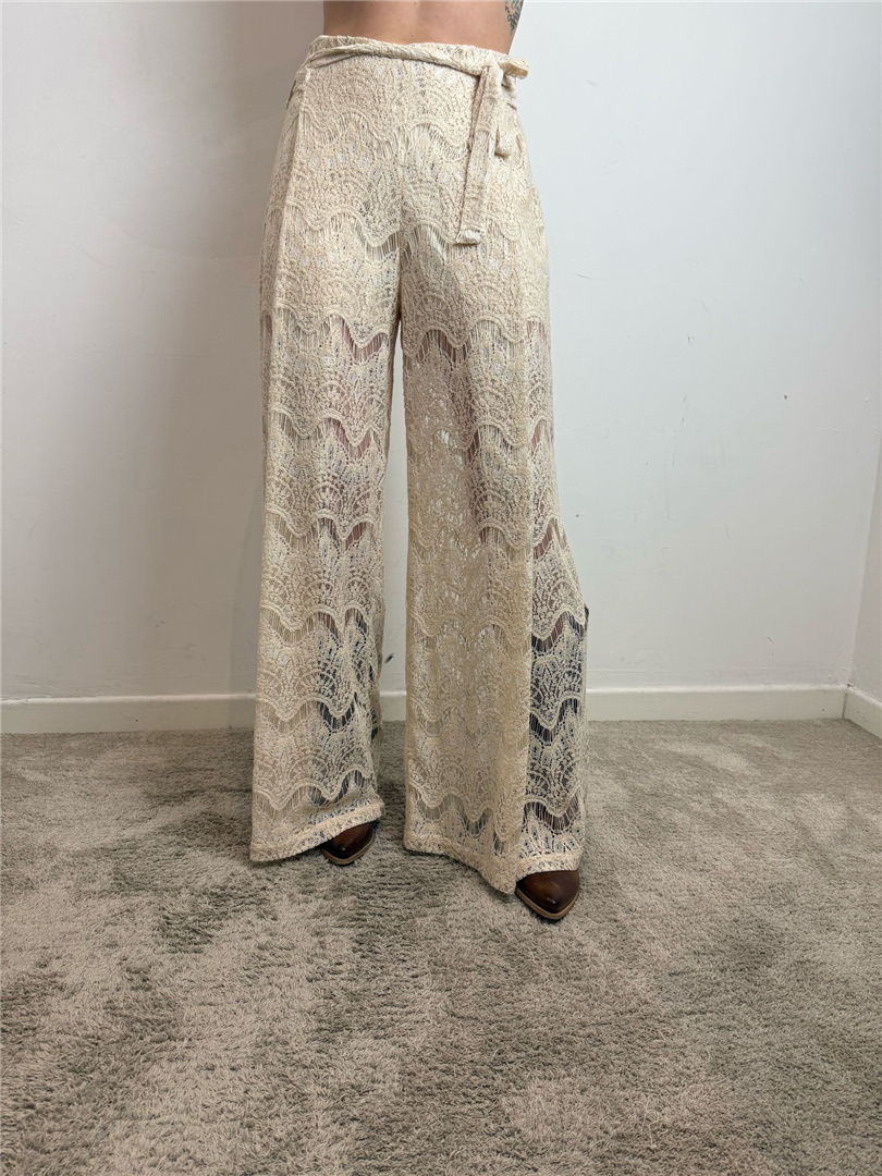 Pantalone Palazzo Lavorato A Uncinetto Con Cinta - Souvenir cod. S37M1175  color:panna