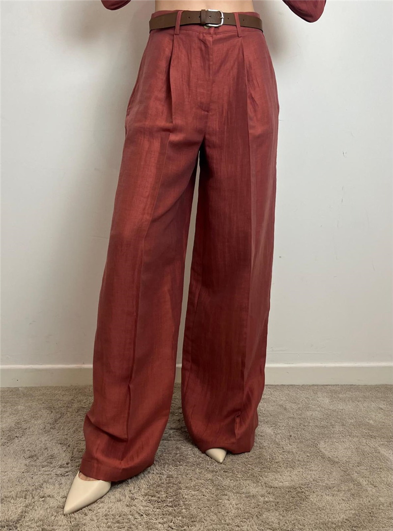 Pantalone Palazzo In Misto Lino Con Pinces E Cintura - Vicolo cod. TD1889  color:mattone