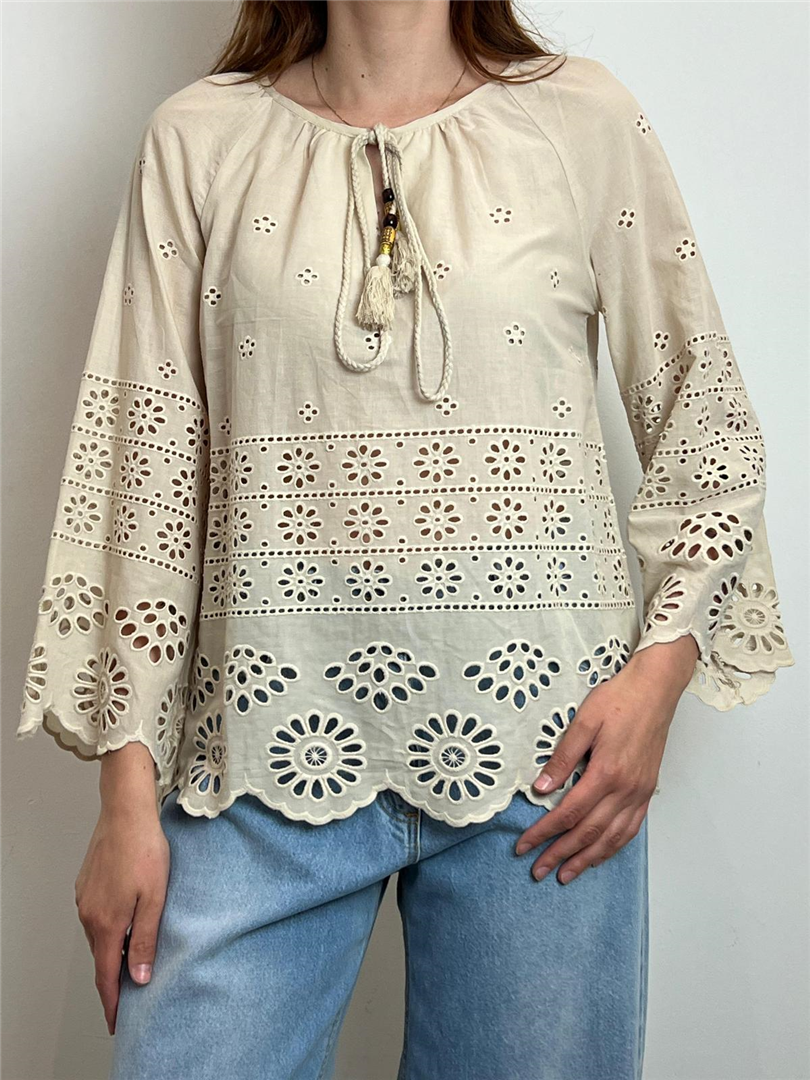 Camicia Ricamata Con Nappine E Manica Ampia - Haveone cod. CAO_N380  color:beige