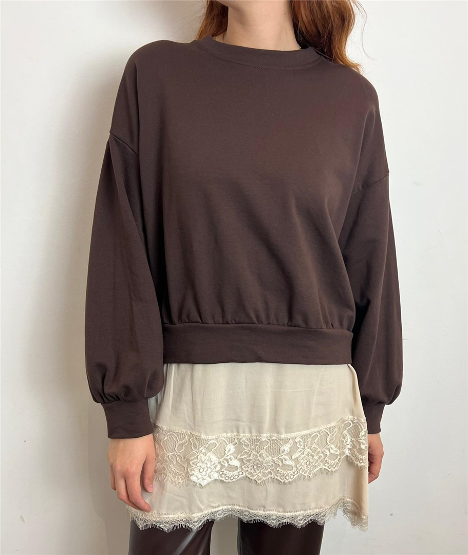 Felpa Girocollo Con Bordi In Pizzo - Vicolo cod. TF1236  color:moro/burro