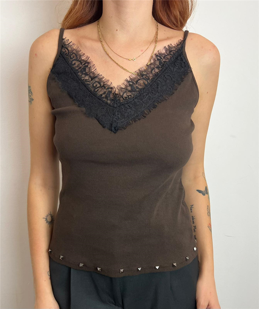 Top Scollo V Pizzo Fondo Borchie - Haveone cod. RJS_P047  color:nero
