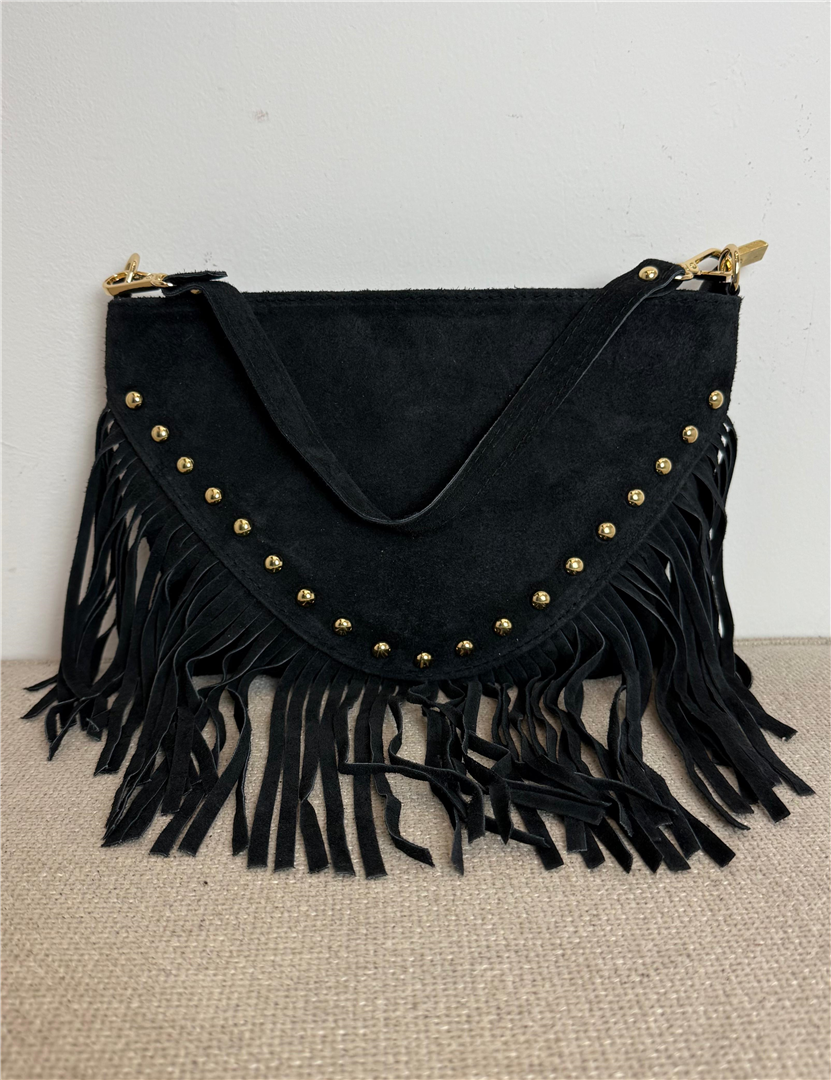 Pochette Con Frange In Camoscio Con Borchie E Tracolla - Divisione Chickster's cod. M3585  color:nero