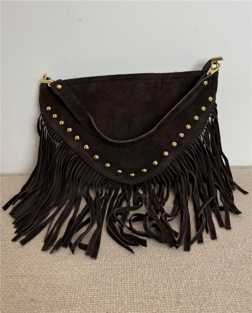 Pochette Con Frange In Camoscio Con Borchie E Tracolla - Divisione Chickster's cod. M3585  color:testa di moro