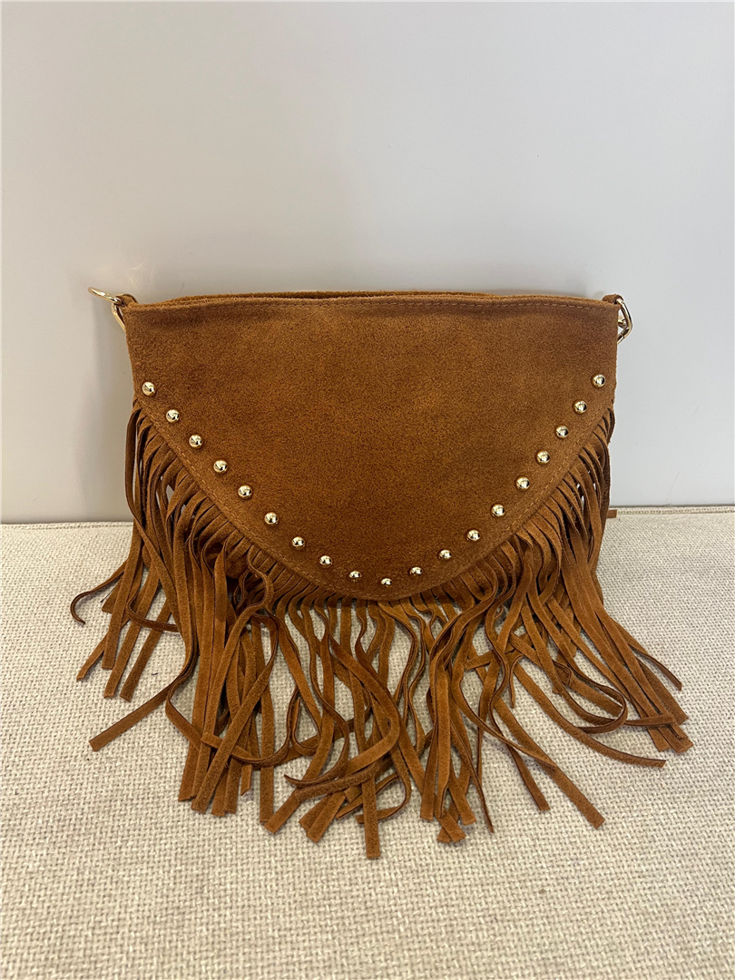 Pochette Con Frange In Camoscio Con Borchie E Tracolla - Divisione Chickster's cod. M3585  color:cuoio