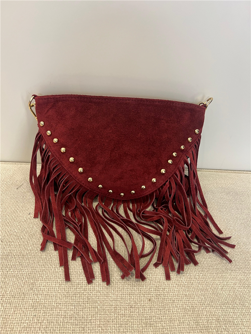 Pochette Con Frange In Camoscio Con Borchie E Tracolla - Divisione Chickster's cod. M3585  color:bordeau