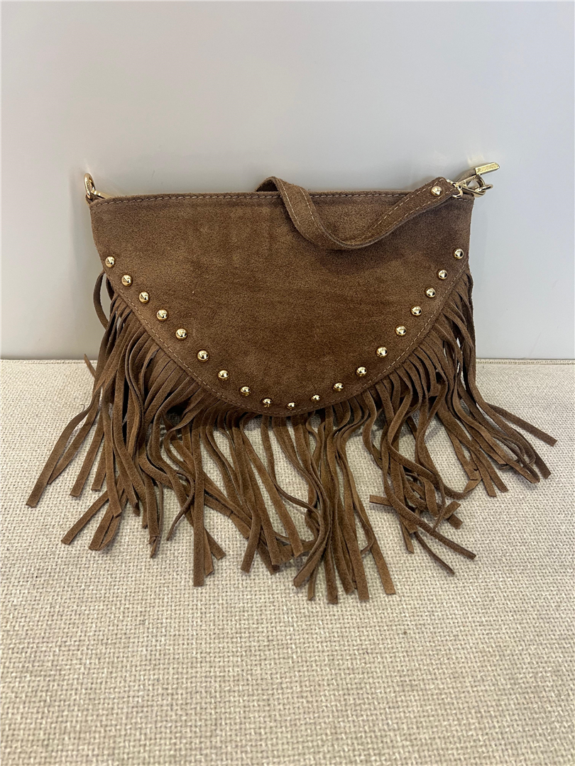 Pochette Con Frange In Camoscio Con Borchie E Tracolla - Divisione Chickster's cod. M3585  color:taupe scuro