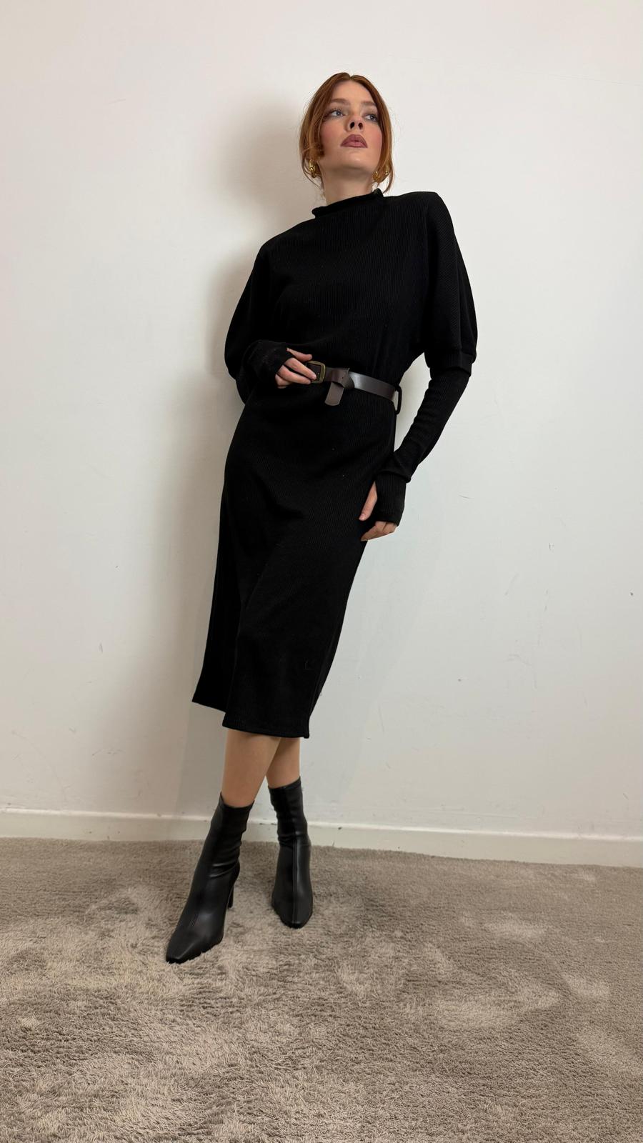 Abito Midi In Maglia A Costina Con Cintura - Haveone cod. AVS_P102  color:nero