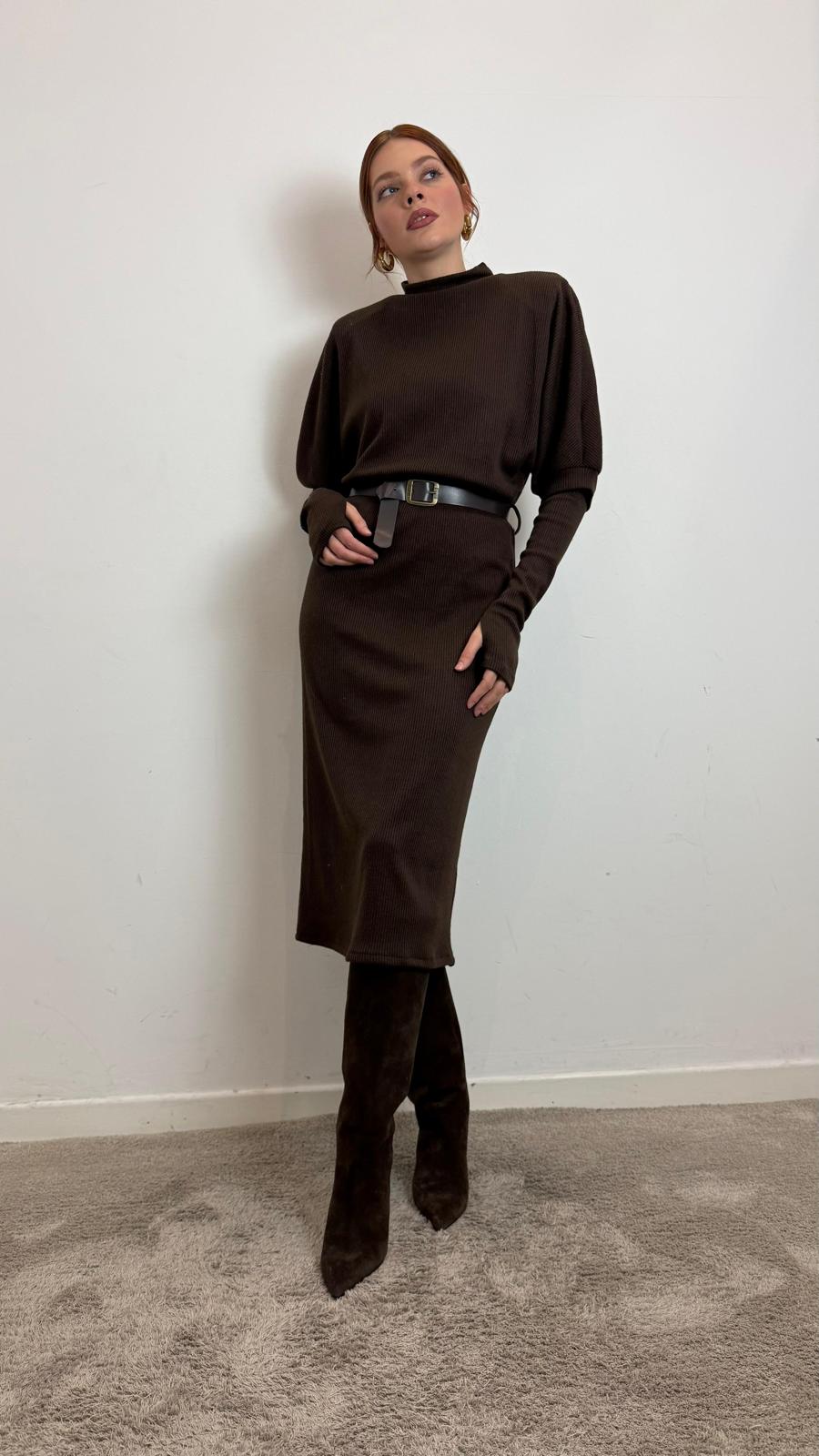 Abito Midi In Maglia A Costina Con Cintura - Haveone cod. AVS_P102  color:moro