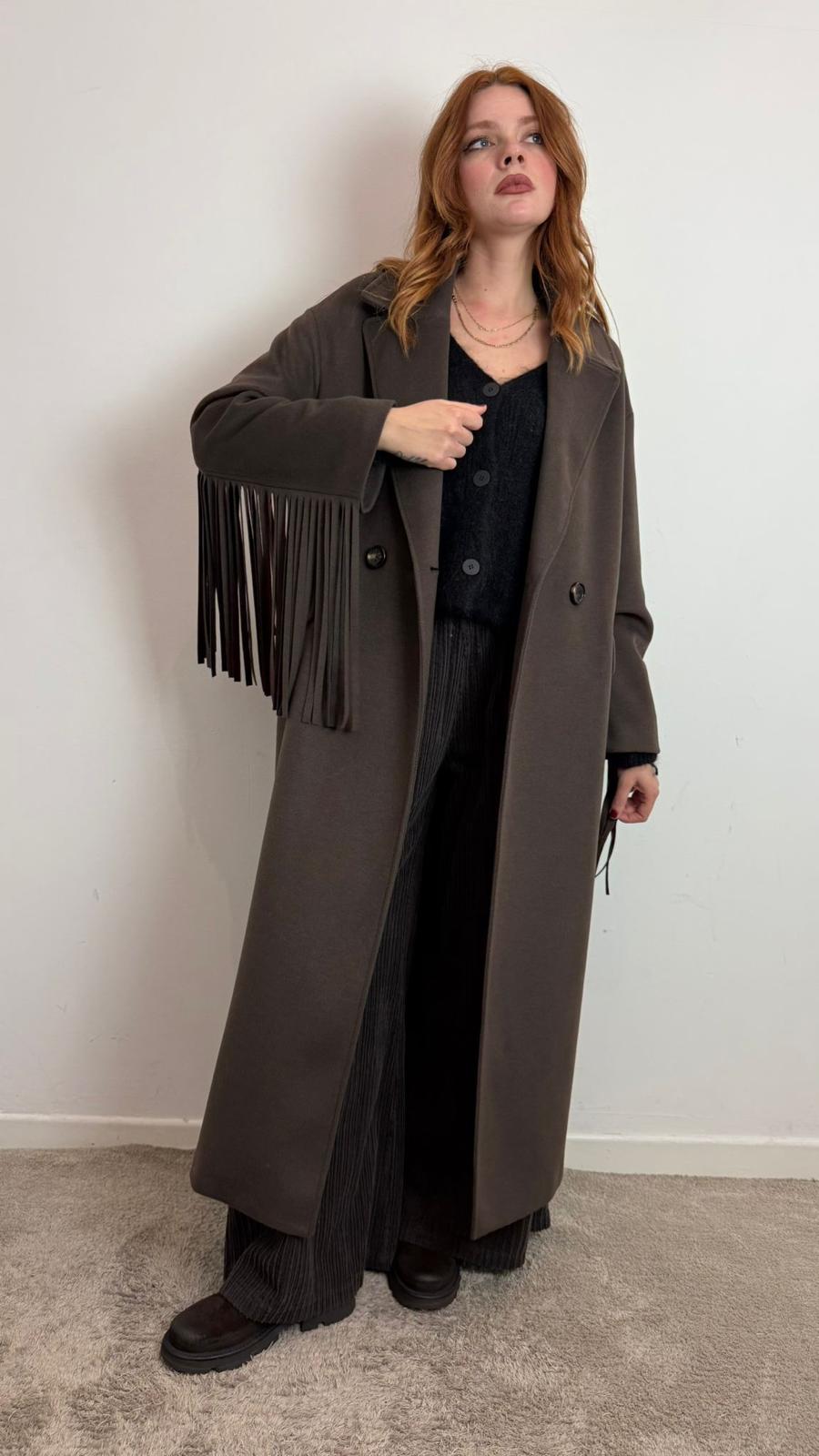 Cappotto Lungo Ampi Revers Con Frange Sulle Maniche - Souvenir cod. W38S0255  color:fondente