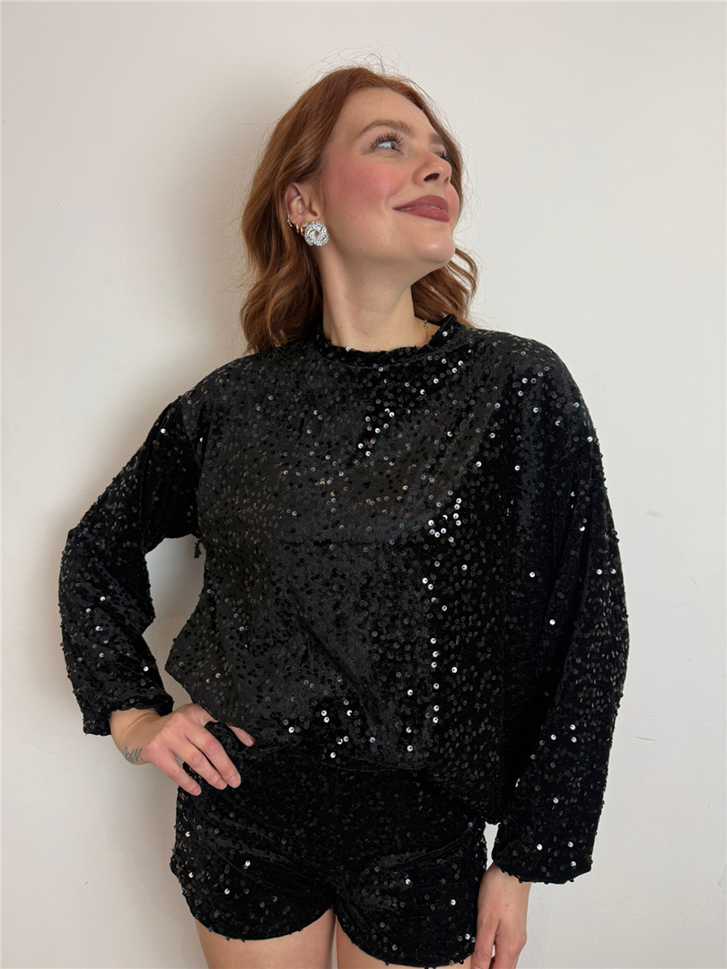 Felpa Over Girocollo Paillettes - Haveone cod. FJK_P048  color:nero