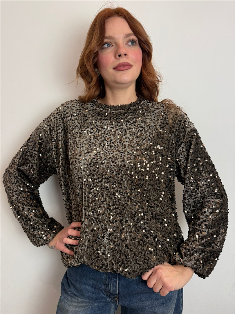 Felpa Over Girocollo Paillettes - Haveone cod. FJK_P048  color:moro