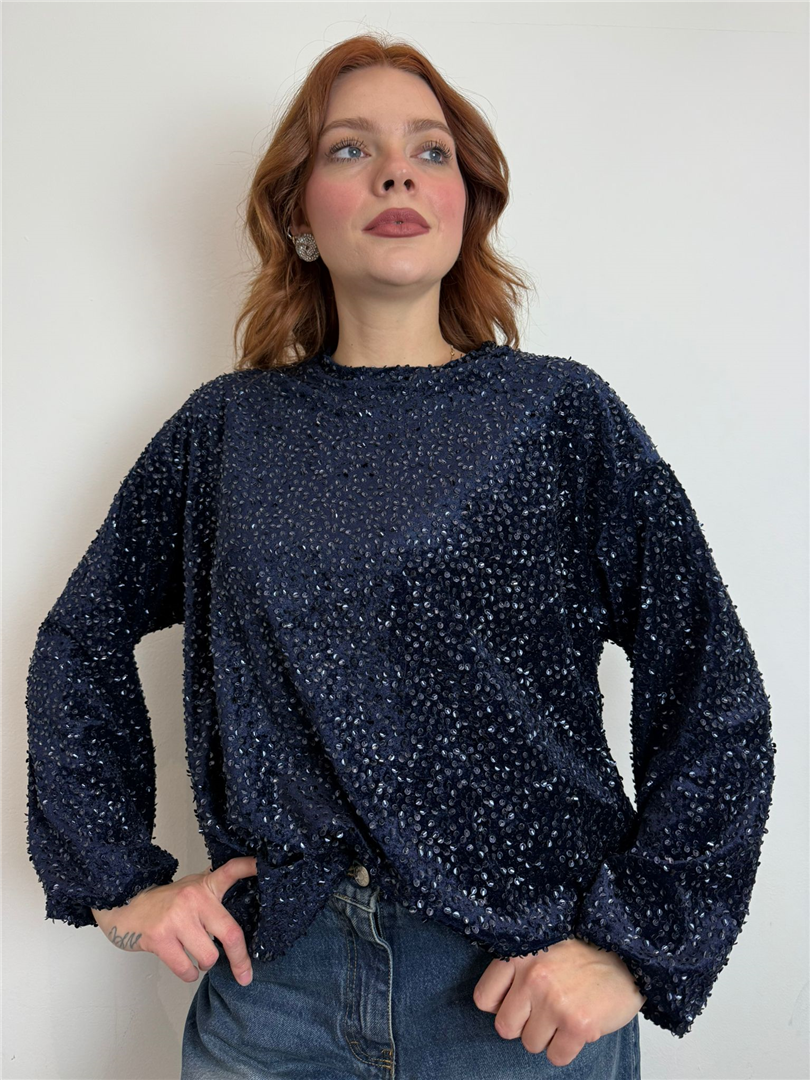 Felpa Over Girocollo Paillettes - Haveone cod. FJK_P048  color:blu