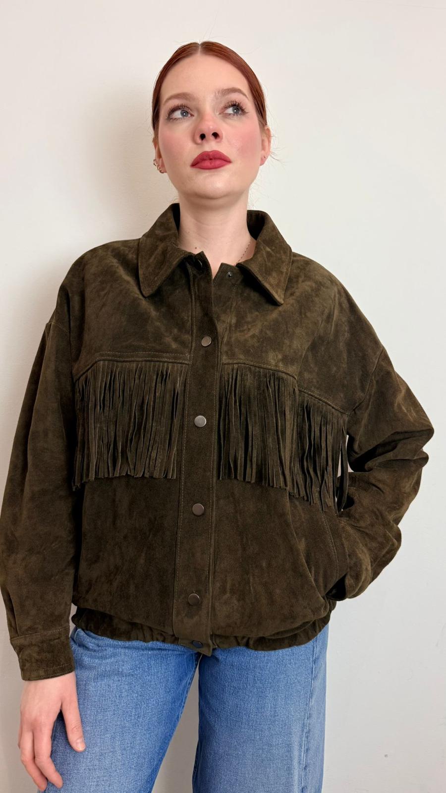Bomber In Vera Pelle Scamosciata Con Frange - Vicolo cod. TAB0170  color:militare