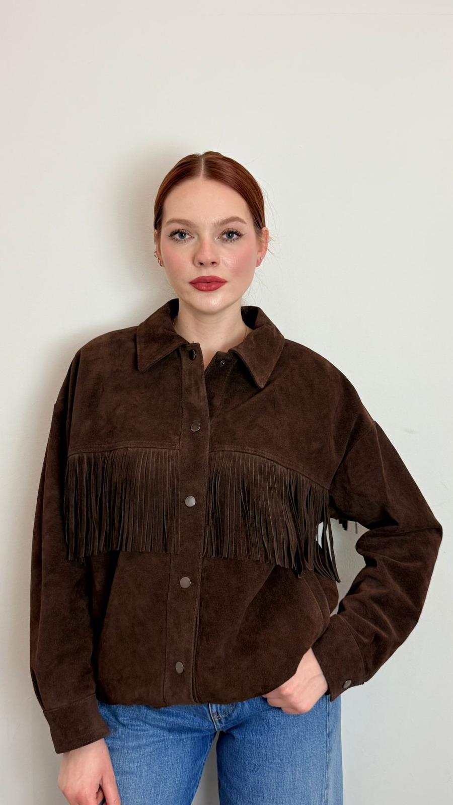Bomber In Vera Pelle Scamosciata Con Frange - Vicolo cod. TAB0170  color:moro