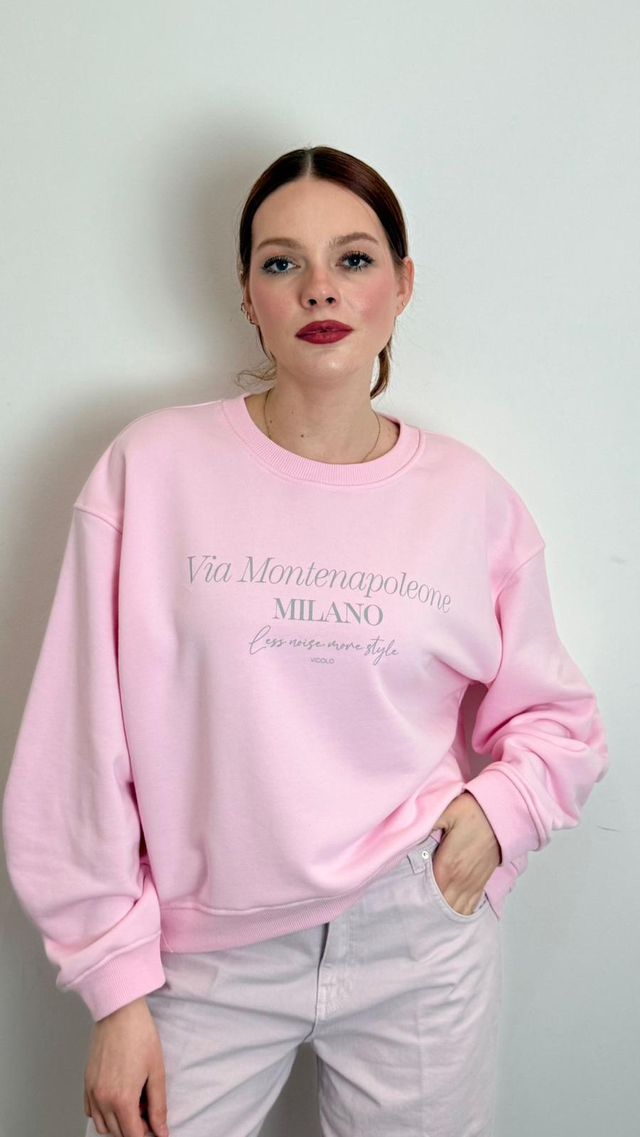 Felpa Over Girocollo Con Scritta Via Montenapoleone - Vicolo cod. RAB0130  color:rosa