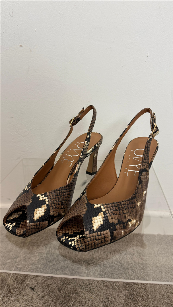 Slingback Pitonata A Punta Aperta Tacco Cm 8 - Ovye' cod. 26/AMR2404PIT  color:testa di moro