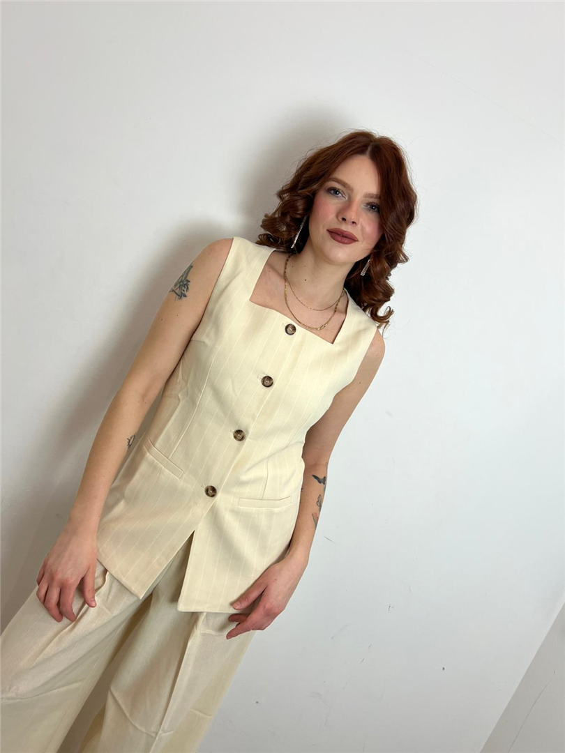 Gilet Misto Lino A Righe - Grace & Mila Paris cod. VIC  color:vaniglia
