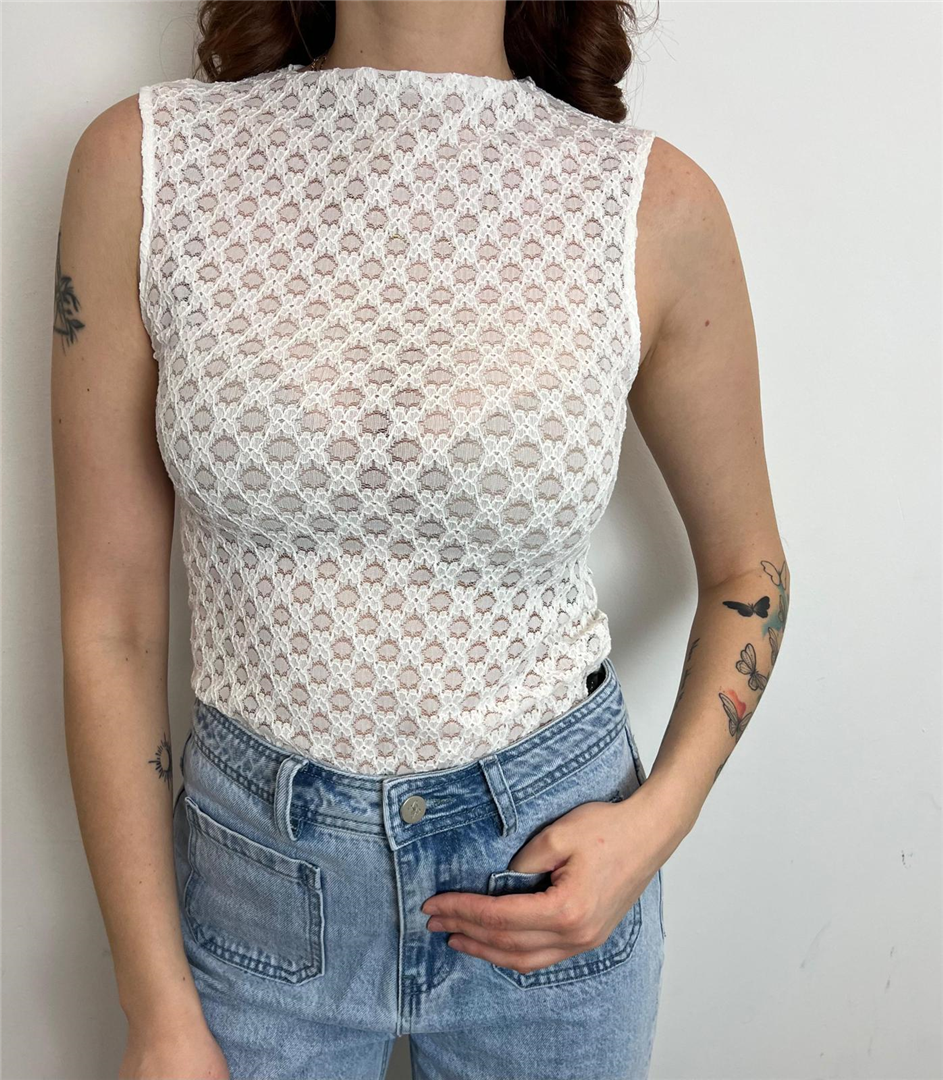 Top Donna In Pizzo Bianco | Maglia Smanicata Collo Alto - Grace & Mila Paris cod. VINTIE  color:avorio