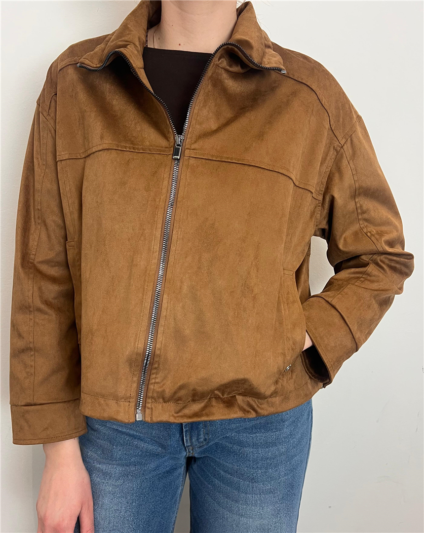 Giacca In Suede Con Zip E Coulisse Regolabile – Colore Cuoio - Please cod. V8911R23  color:cammello