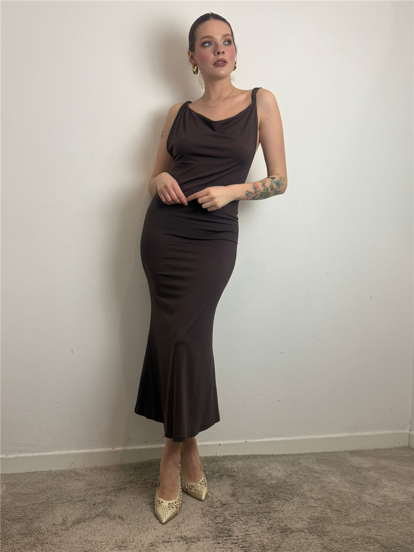 Abito Lungo Donna – Moro Con Schiena Scoperta E Drappeggio - Haveone cod. AVS_Q027  color:moro