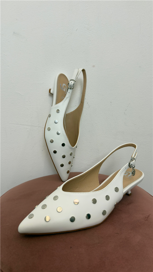 Slingback Bianca Con Borchie Tacco Rocchetto 4 Cm Elegante Gold & Gold - Gold&gold cod. GD372  color:off white