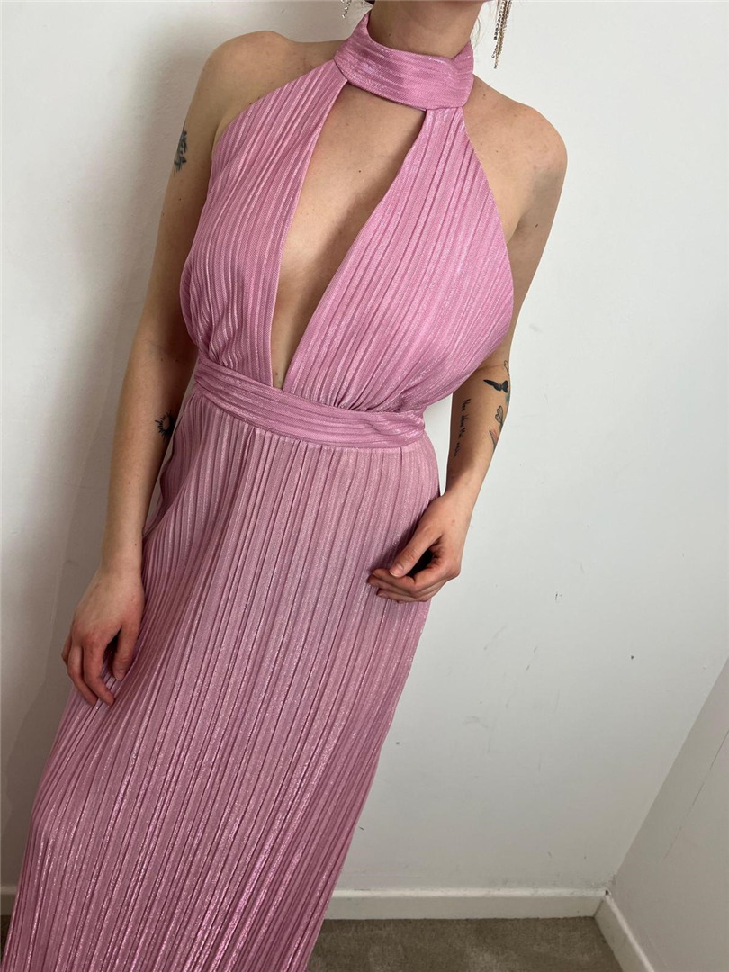 Abito Lungo Plissettato Scollo All'americana - Silence Limited cod. AB4206  color:pink