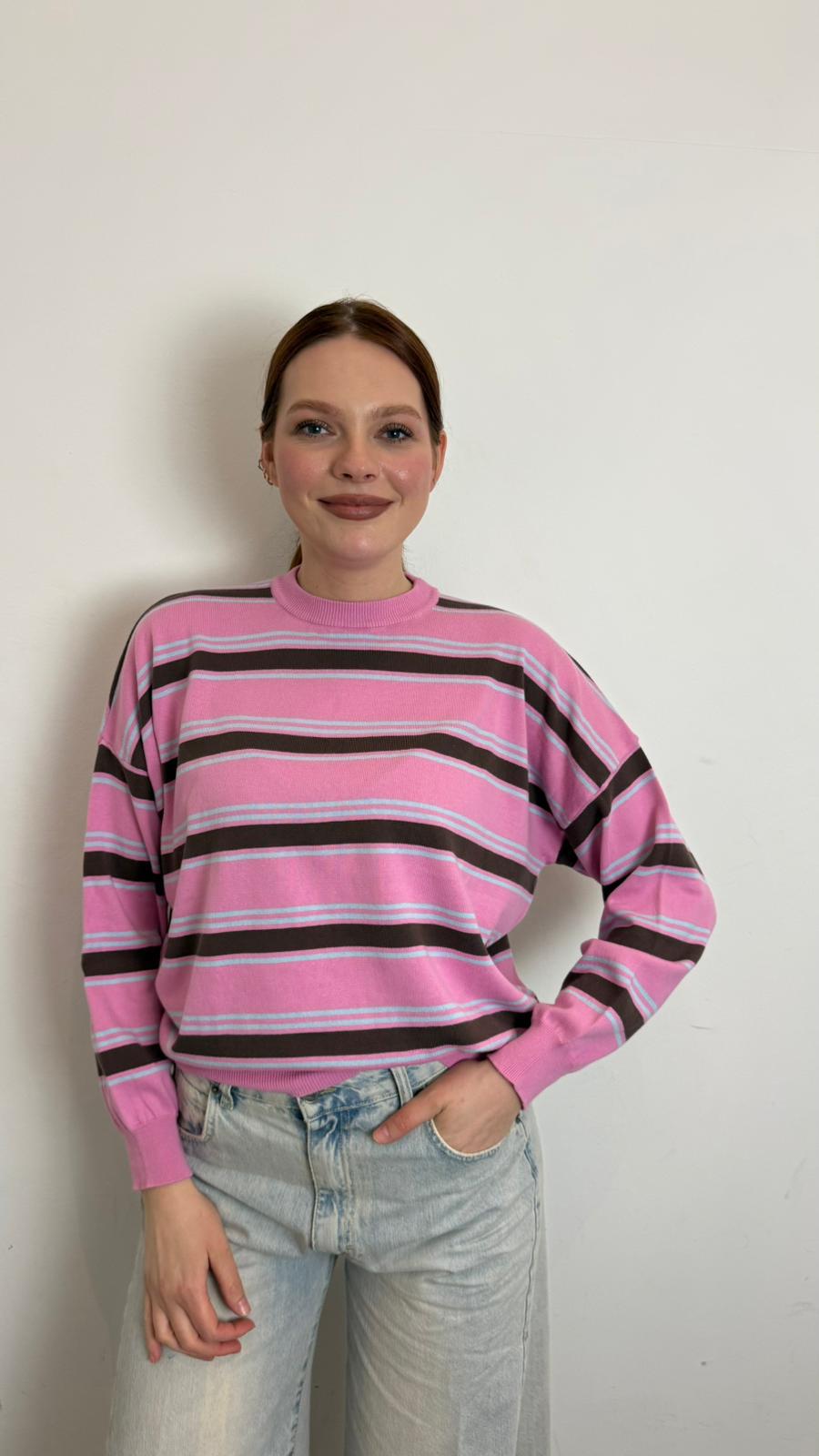 Maglia Girocollo A Righe - Vicolo cod. 2AB2138  color:rosa/moro/celeste