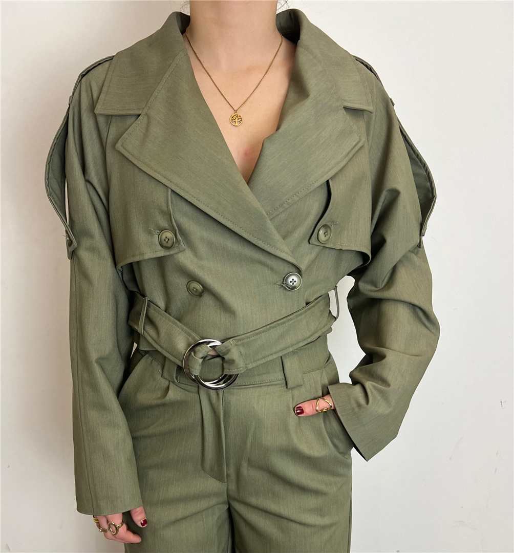 Giacca Crop Stile Trench Doppiopetto - Haveone cod. KMI_Q004  color:militare