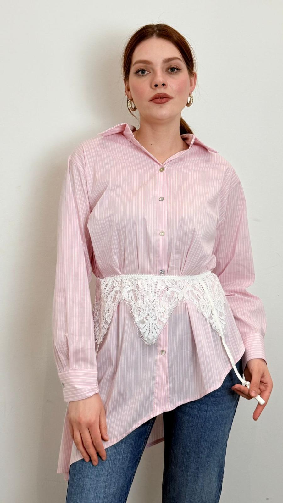 Camicia Fondo Diagonale E Giarrettiera - Haveone cod. CMA_Q168  color:riga rosa/pizzo bianco