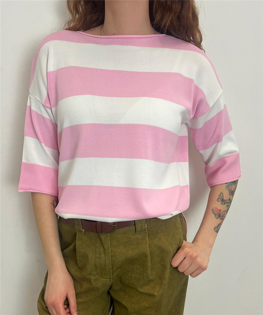 Maglia Girocollo A Righe Manica Trequarti - Please cod. M49779252  color:rosa/bianco