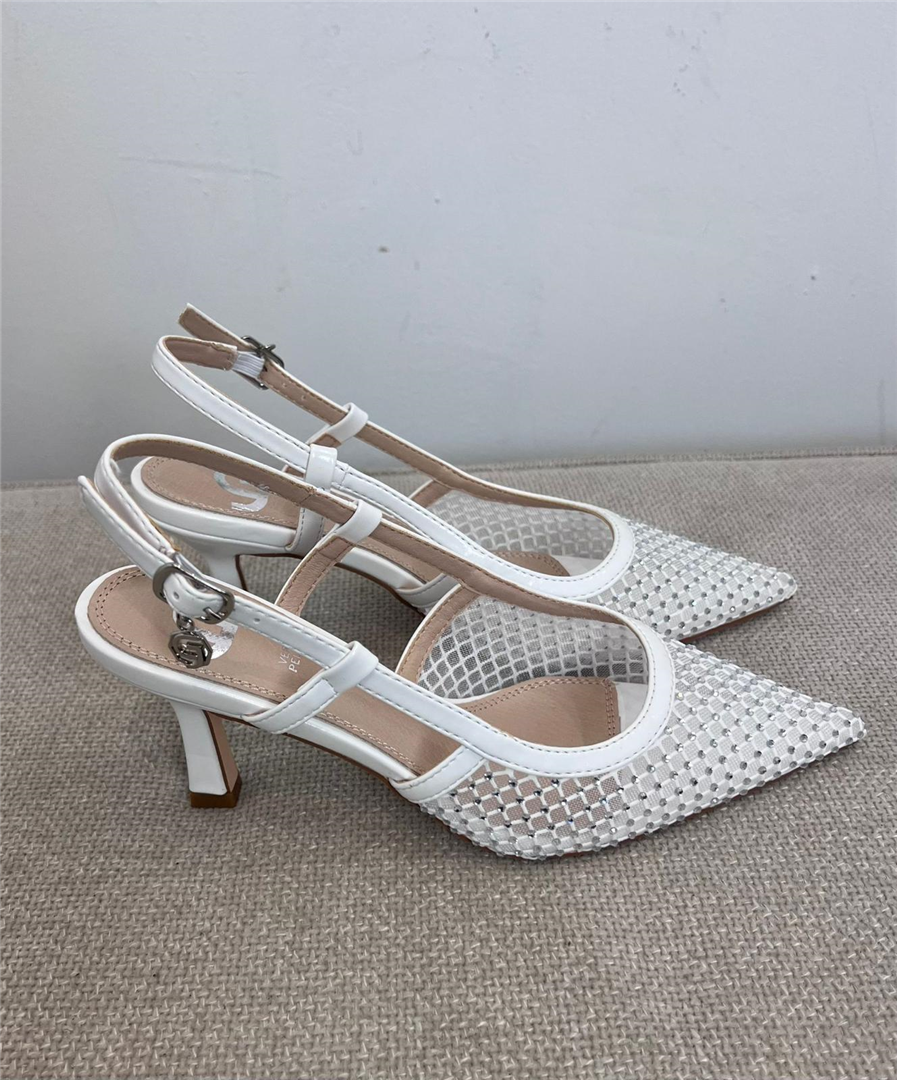 Slingback Retata Con Strass,sottopiede In Pelle Tacco Fine Cm 8 - Gold&gold cod. GD391  color:bianco