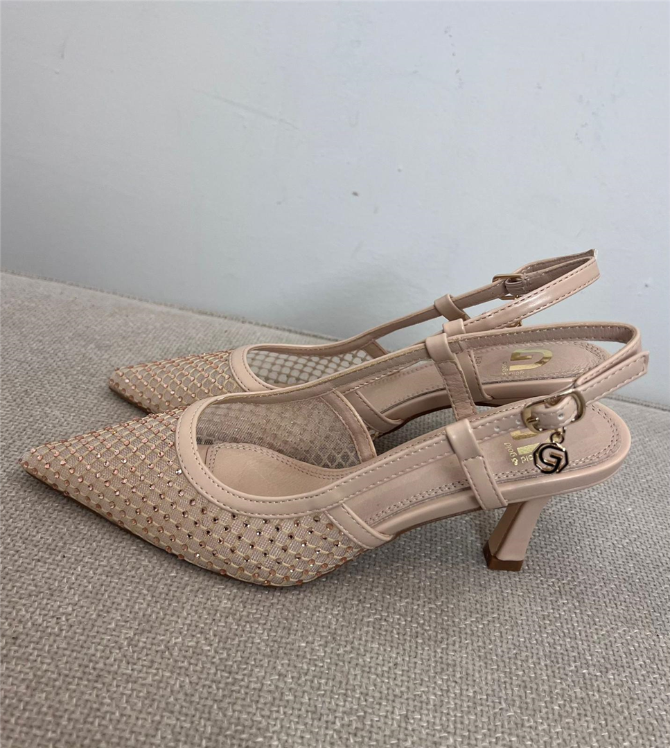 Slingback Retata Con Strass,sottopiede In Pelle Tacco Fine Cm 8 - Gold&gold cod. GD391  color:champagne