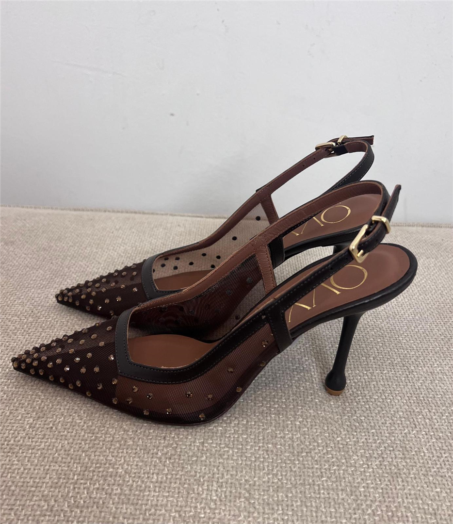 Decolletè In Tulle Con Cristalli Apllicati Tacco 10 - Ovye' cod. 26/EG2090RET  color:camoscio bruciato