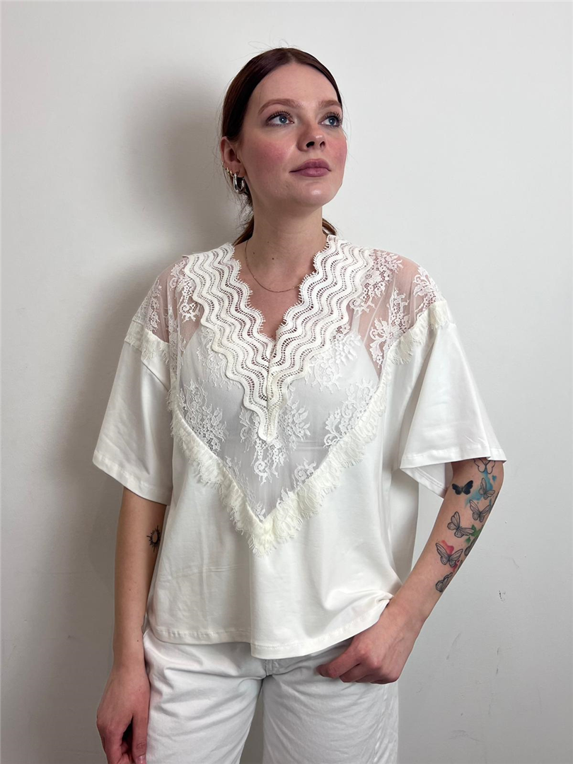 Casacca Scollo V Con Pizzi - Haveone cod. CMA_Q201  color:bianco latte