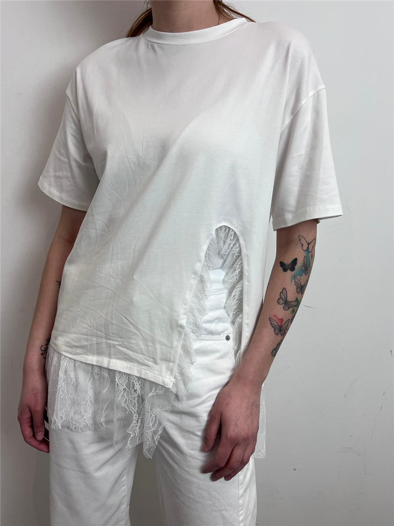T Shirt Over Con Spacco E Pizzo - Haveone cod. TMA_Q095  color:panna