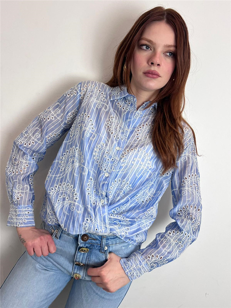 Camicia Crop A Righe Con Ricamo Floreale - Vicolo cod. TAB1563  color:azzurro