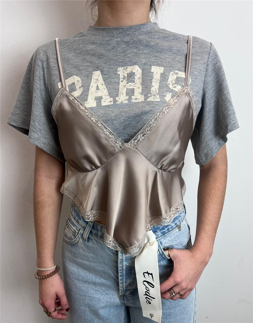 Tshirt Stampa Paris Con Top In Raso - Philia Loft cod. D02E0209  color:grigio