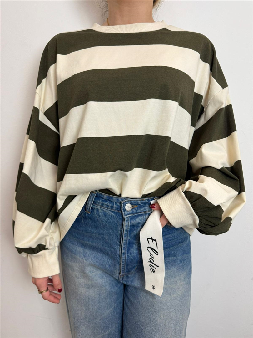 Maglia Girocollo A Righe - Philia Loft cod. D02N0366  color:panna/militare