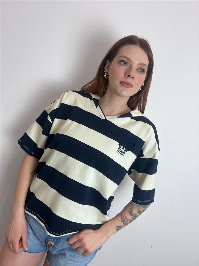 T Shirt A Righe Con Cappuccio - Vicolo cod. TAB1413  color:ecru/bluecru''/blu