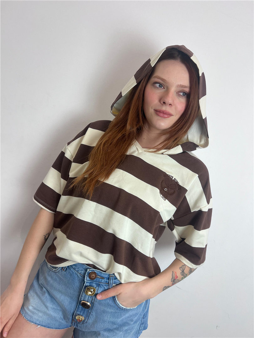 T Shirt A Righe Con Cappuccio - Vicolo cod. TAB1413  color:ecru/bluecru''/caffe''