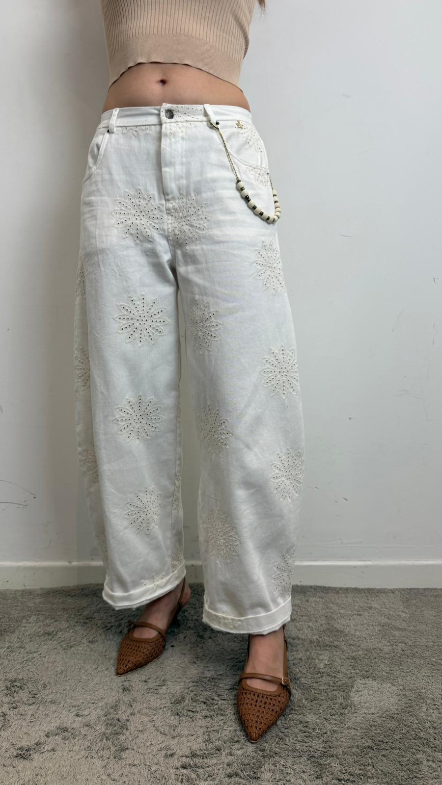 Pantalone Barrel Elastico In Vita Con Ricamo E Accessorio - Souvenir cod. M39F1231  color:burro