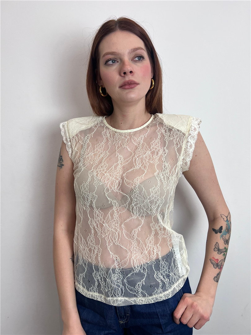 Top In Pizzo Trasparente Maniche Corte - Please cod. R0SUDJW000  color:panna