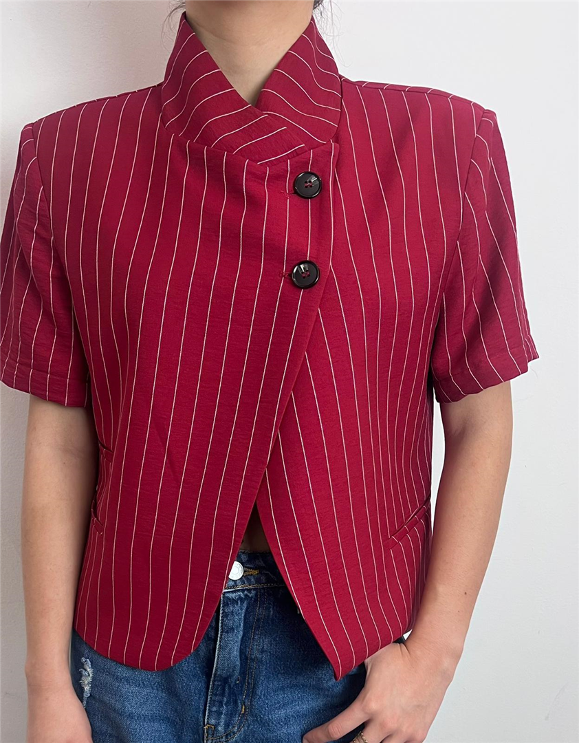 Giacca Mezzamanica Gessata Collo Alla Coreana - Haveone cod. JMN_Q115  color:rosso