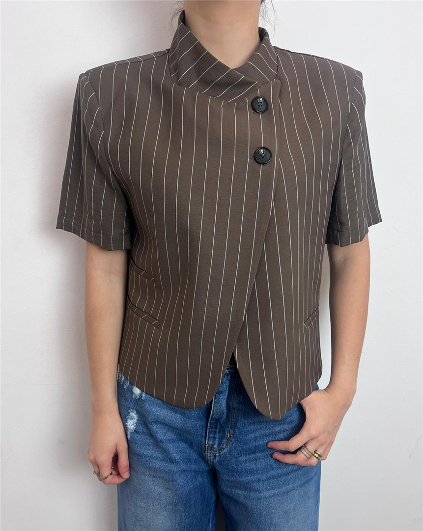 Giacca Mezzamanica Gessata Collo Alla Coreana - Haveone cod. JMN_Q115  color:moro